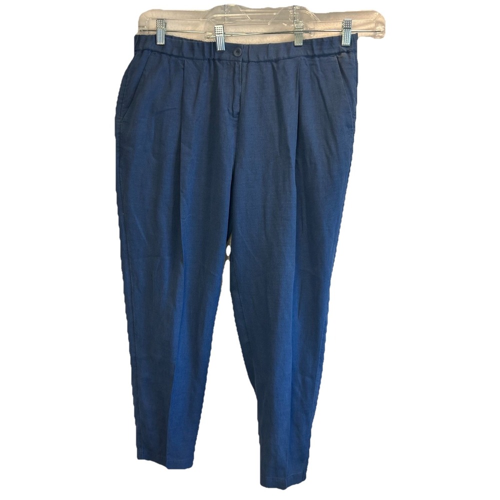 Eileen Fisher Pants Large Blue Linen Blend Elastic Waist Zip Tapered Ankle EUC
